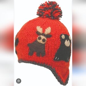 Ambler Kid's Canuck Wool Hat size S/M Red/orange with animals & gray unisex